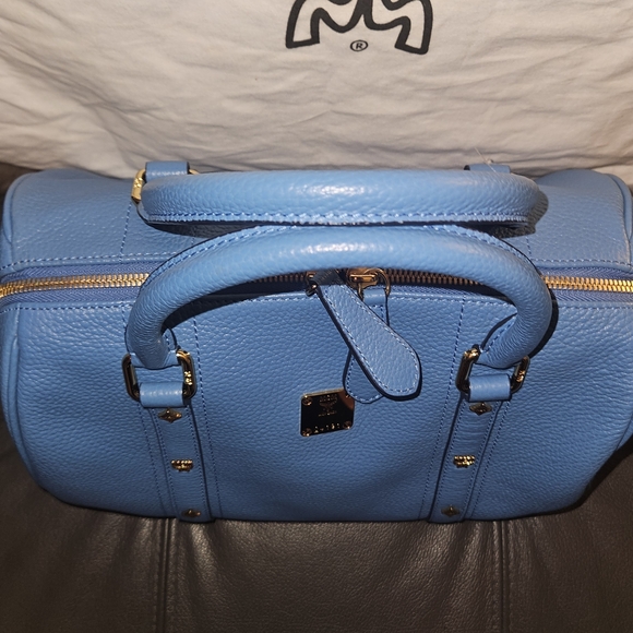 MCM Sky Blue Leather Boston Bag - Picture 6 of 7